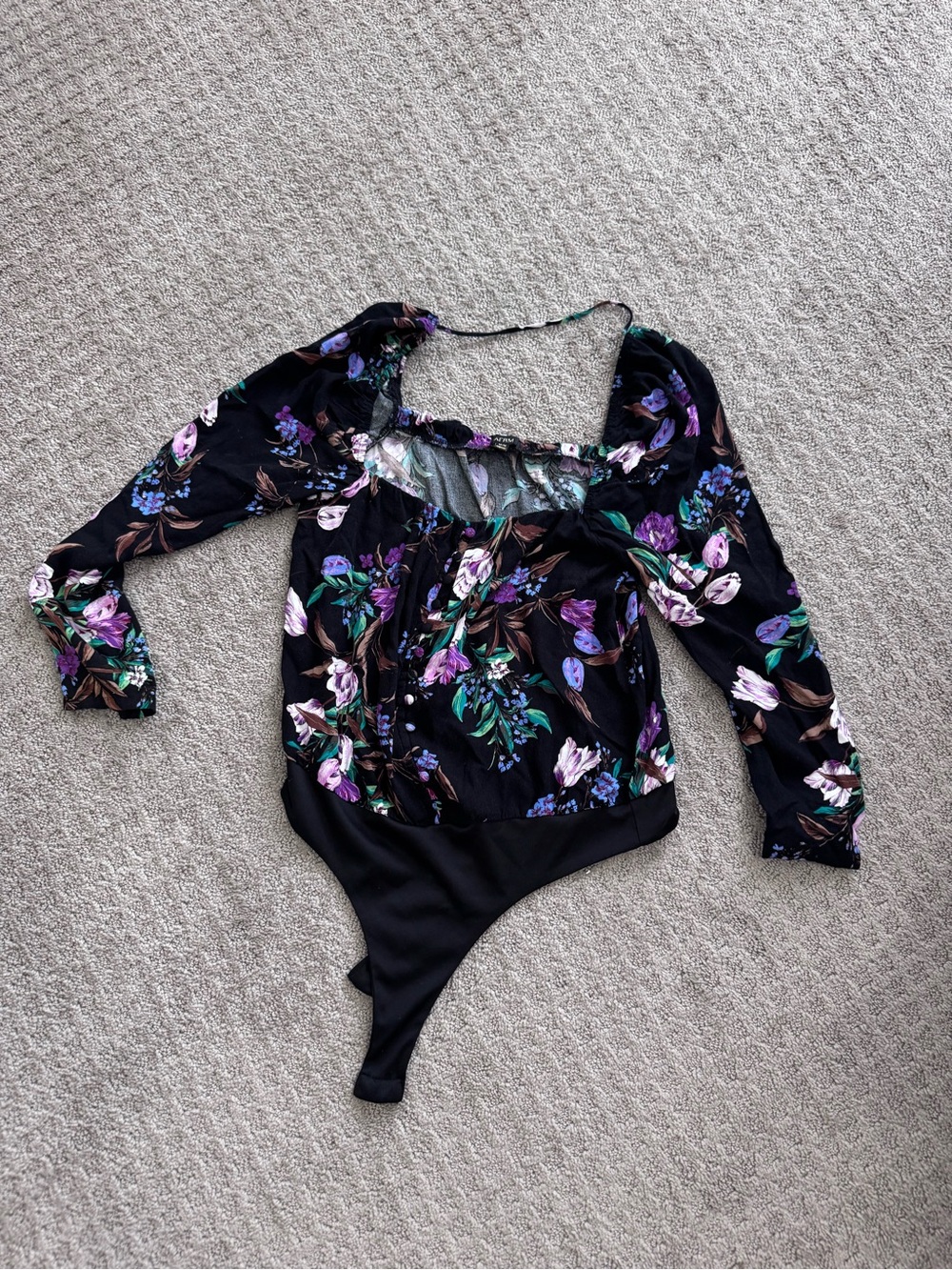 AFRM Black Floral Square-Neck Long Sleeve Bodysuit with Purple & Green Print